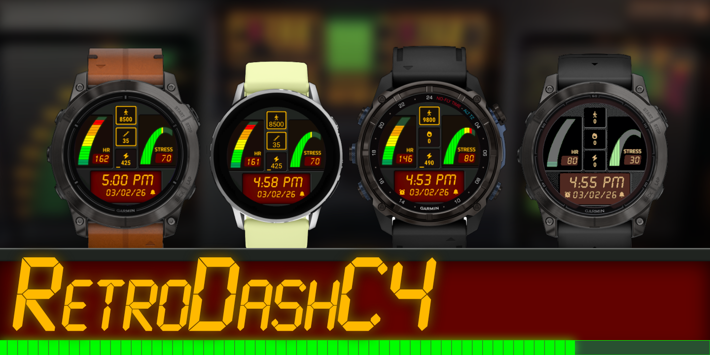 Four examples of different options of a Garmin watch face with a wood grain background and a animal illustrations. The header text says 'Nature Nut Pro' and the data fields include steps, heart rate, and battery.