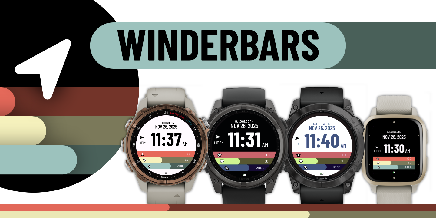 Four examples of a wind-centric Garmin watch face with a dark background and three large, easy-to-read metric bars. The header text says 'WinderBars' and the data fields include wind speed/direction, temperature, and steps.