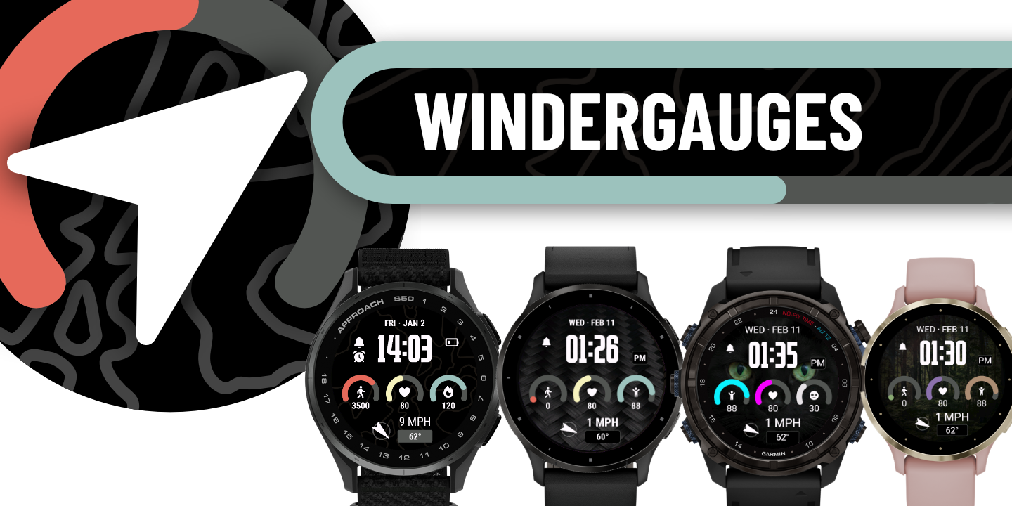 Four examples of a wind-centric Garmin watch face with a dark background and three metric gauges. The header text says 'WinderGauges' and the data fields include wind speed/direction, temperature, and steps.